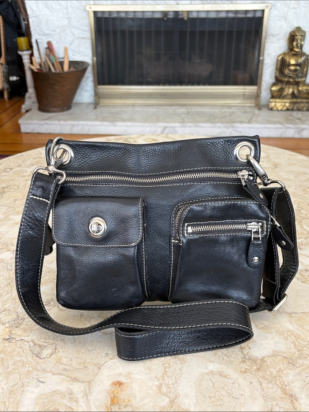 Roots Vintage "Villager" Black Leather Crossbody Bag - As New